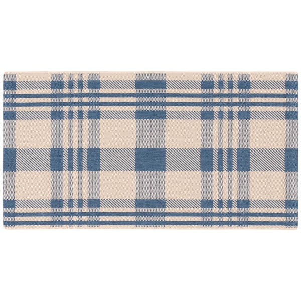 SAFAVIEH Courtyard Beige/Blue Doormat 3 ft. x 5 ft. Striped Indoor/Outdoor Patio Area Rug