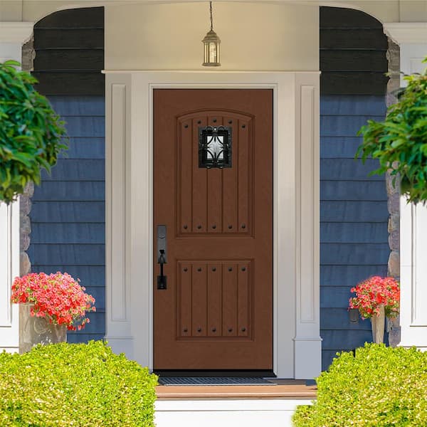 Regency 36 in. x 80 in. Oxford Speak Easy RH Inswing Chestnut Mahogany Fiberglass Prehung Front Door 4-9/16 Frame