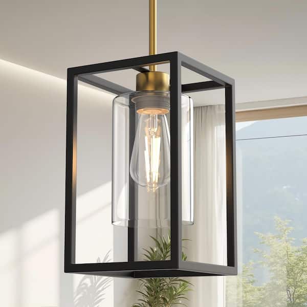 7 in. 1-Light Black and Gold Kitchen Island Pendant Lighting, Rectangle Metal Adjustable Length w/ Clear Glass