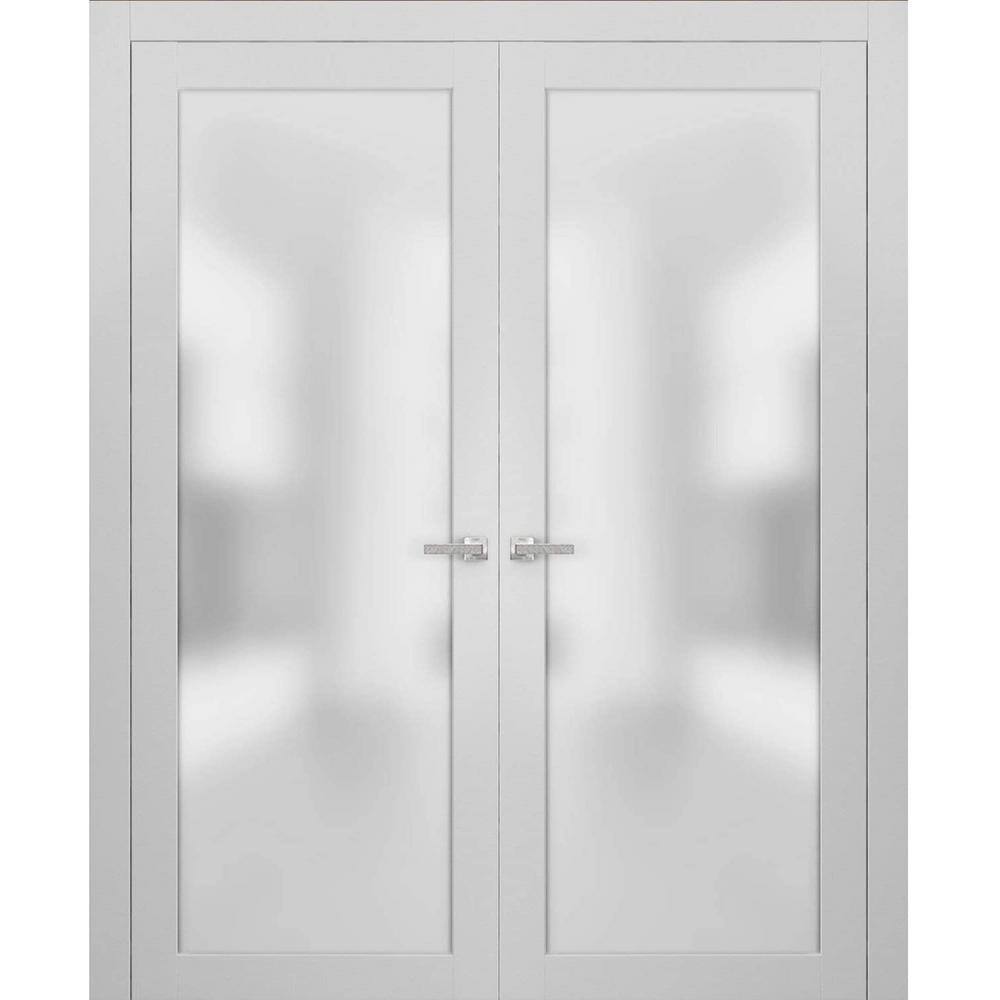 Solid Pine French Double Doors with Frosted Glass Panels, 64 x 96 inches