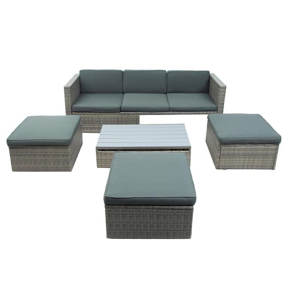 Tunearary 5-Piece Wicker Outdoor Sofa Set Adjustable Backrest with Lifting Coffee Table and Gray Cushions