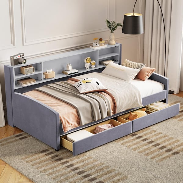 Nestfair Gray Twin Upholstered Daybed with 2 Large Drawers and Storage Shelf