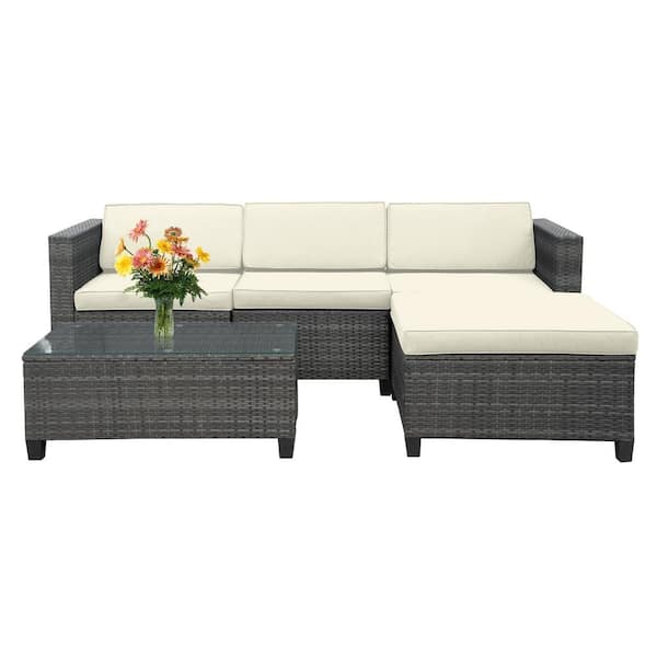 SUNVIVI 5-Piece Wicker Outdoor Couch with Beige Cushions