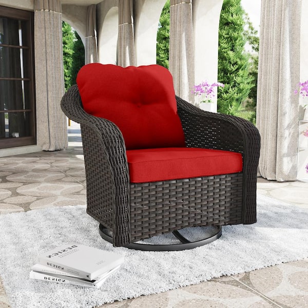 2-Piece Wicker Outdoor Rocking Chair Patio Swivel Chairs with Red Cushions