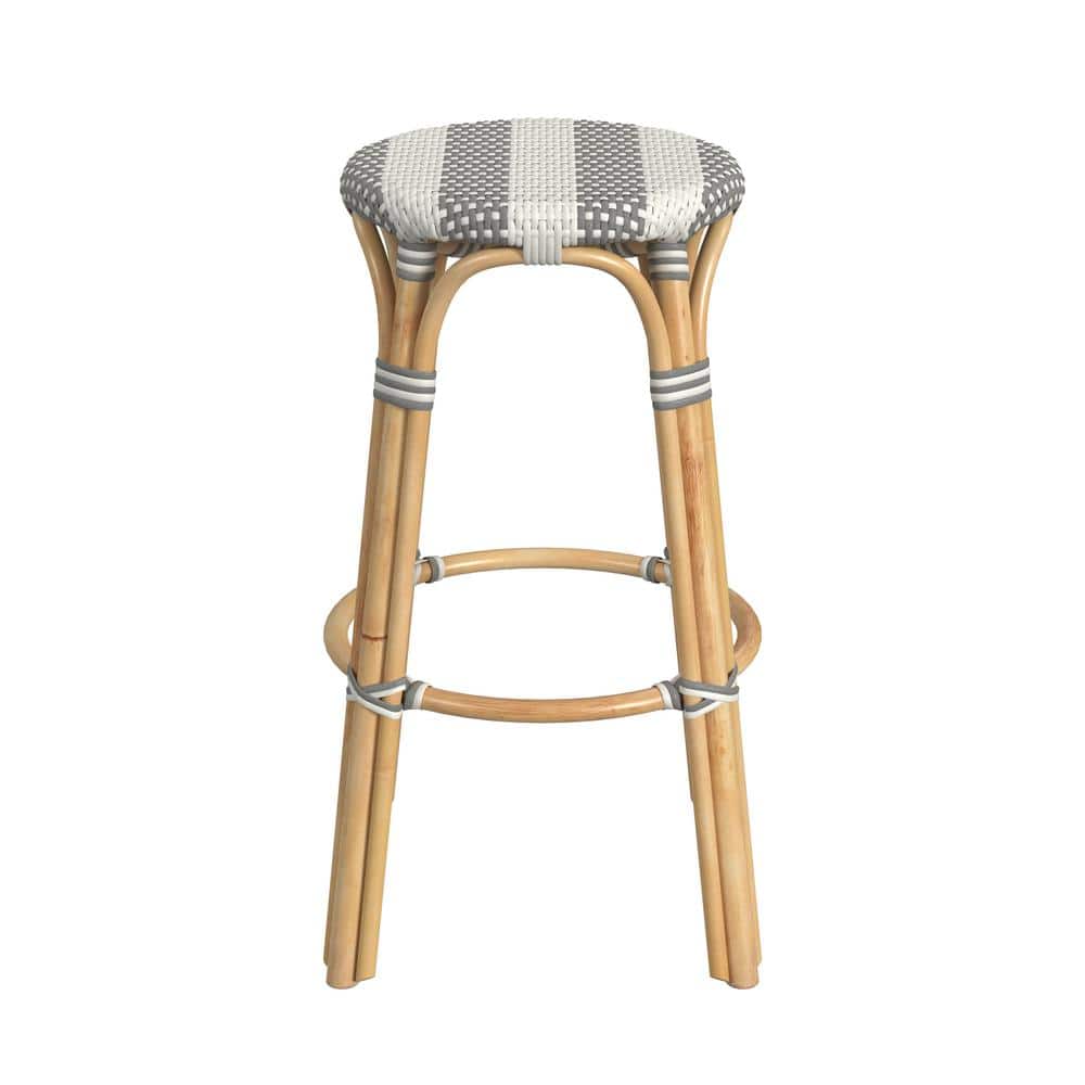 Damask Grey Striped 30" Round Rattan Coastal Bar Stool