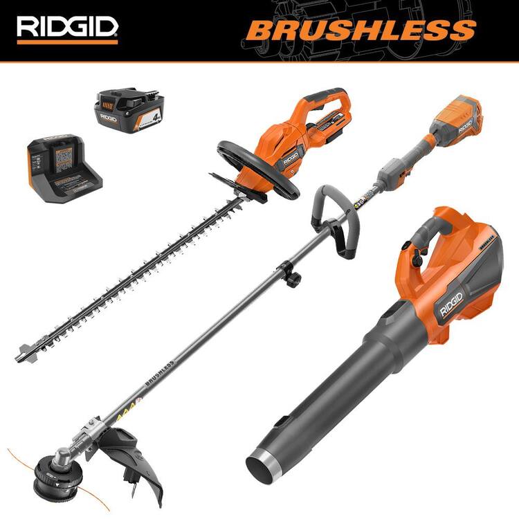 RIDGID 18V Brushless Cordless String Trimmer, 510 CFM Leaf Blower, and 22 in. Hedge Trimmer with 4.0 Ah Battery and Charger