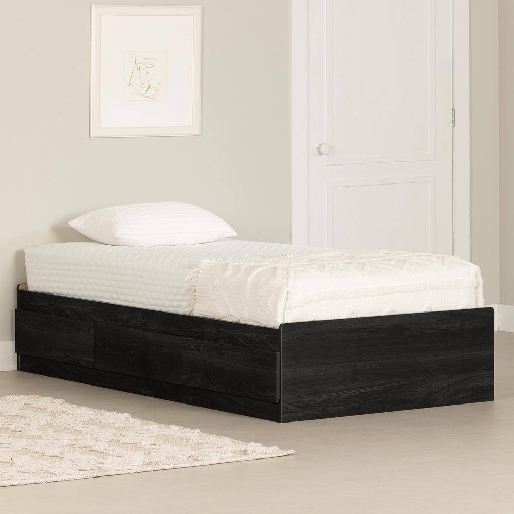 Twin Gray Oak Platform Bed with 3 Storage Drawers