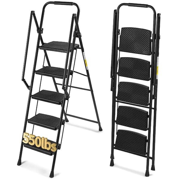 5-Step 5 ft ReachSteel Folding Ladder with Anti Slip Wide Pedals, with Safety Anti Slip Handle, Light-Weight 300 lbs.