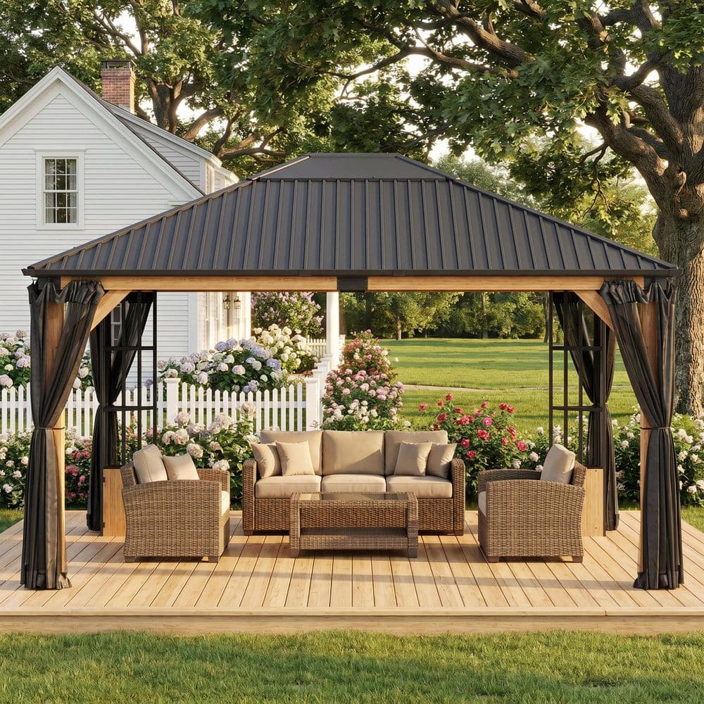 JOYSIDE 14 ft. x 12 ft. Solid Wood Outdoor Gazebo Galvanized Steel Roof with Ceiling Hook, Mosquito Netting and Storage Shelves