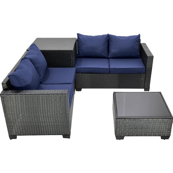 Sudzendf Dark Coffee 4-Piece Wicker Outdoor Patio Conversation Set with Storage Box, Glass Top Table and Dark Blue Cushions