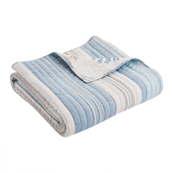 Ipanema Blue, white Stripe Coral Coastal Quilted Cotton Throw Blanket