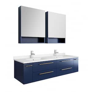 Lucera 60 in. W Wall Hung Bath Vanity in Royal Blue with Quartz Double Sink Vanity Top in White with White Basins