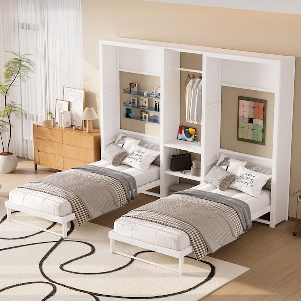 Trevane Modern White Metal Frame Twin and Twin Murphy Bed, Foldable Wall Bed with Shelves, Wardrobe, Power Outlets