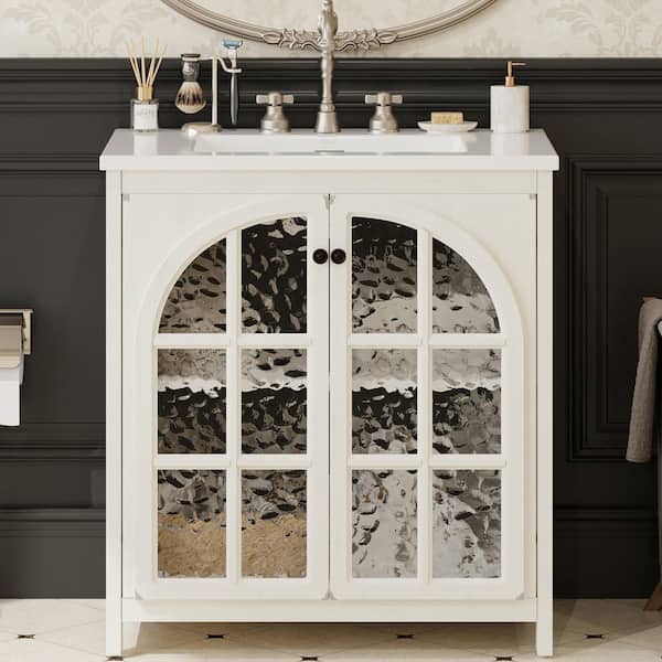 31 in. W Single Sinks Freestanding Antique White Bath Vanity with White Ceramic Top and Adjustable Shelves, Unassembled