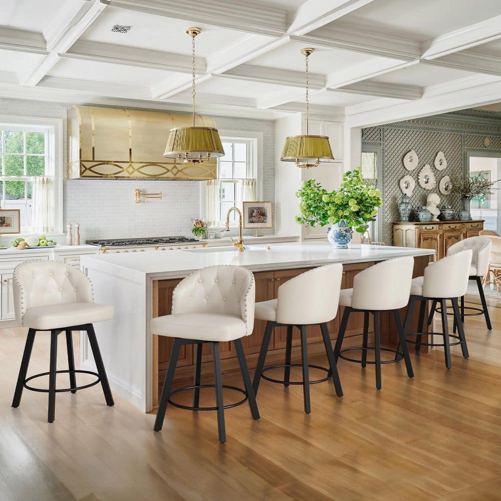 26in. White Faux Leather Upholstered Metal Frame Counter Height Swivel Bar Stools With Bright Silver Rivets (Set of 6)