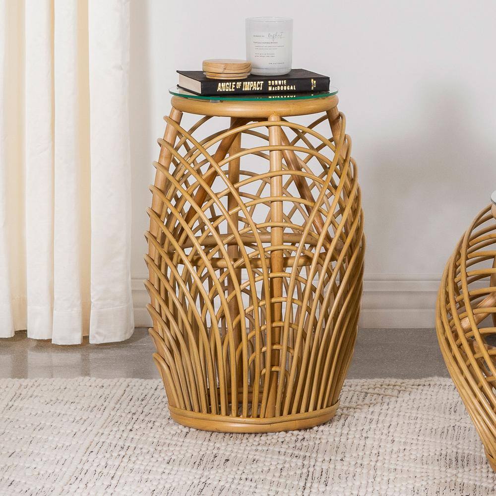 Natural Brown Rattan and Glass Round End Table