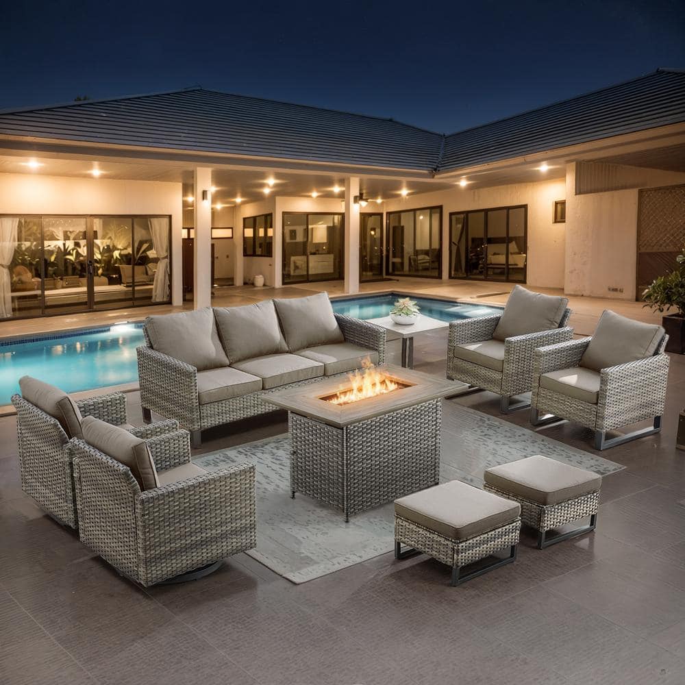 U-Weave 8-Piece Gray Wicker Outdoor Rectangular Fire Pit Conversation Set with Gray Cushions and Swivel Rocking Chairs price history on PriceWatchPro