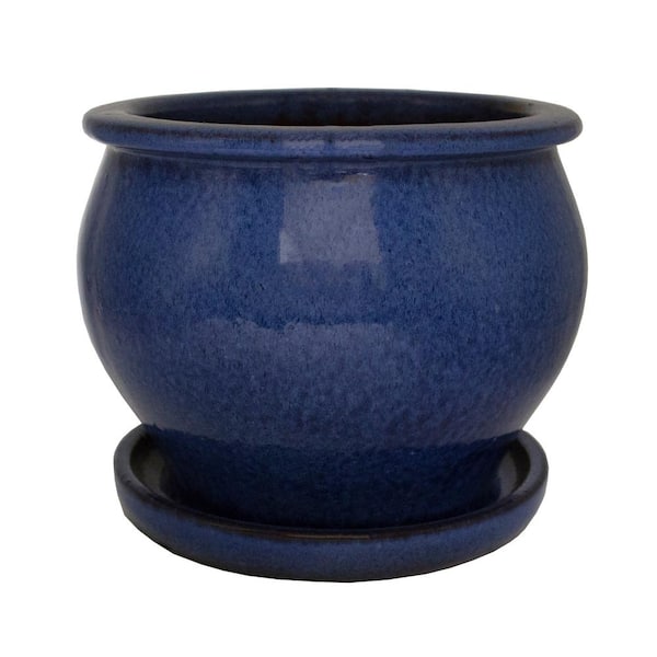 Solid Studio Dripping Blue Glazed Ceramic Planter with Attached Saucer and Drainage Holes (9 in. L x 9 in. W x 8 in. H)