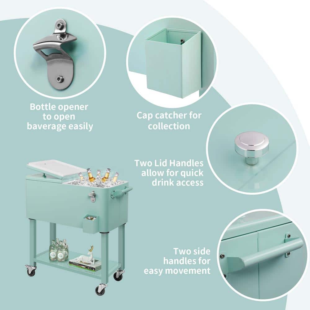 Mint Iron Wheeled Beverage Cooler Cart with Shelf