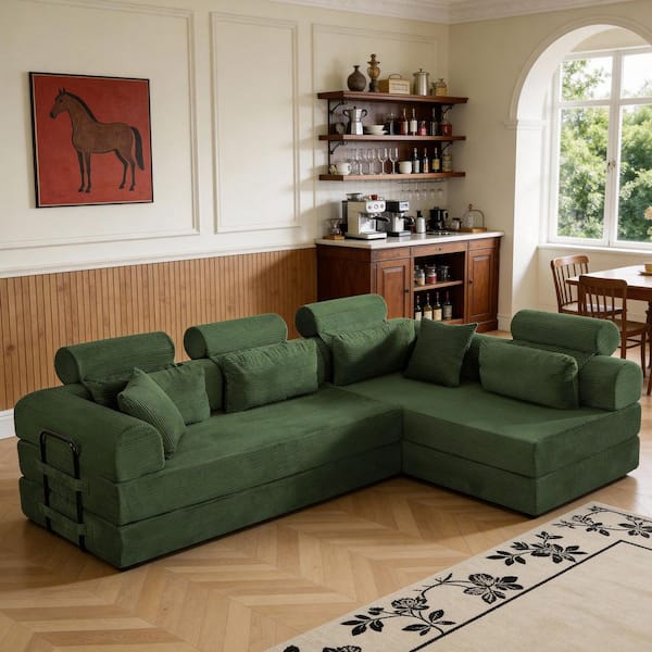 Rex Modern 106.3 in. Round Arm 2-Piece Terrycloth Corduroy Modular Compressed Sectional Sofa in. Green with Pillows