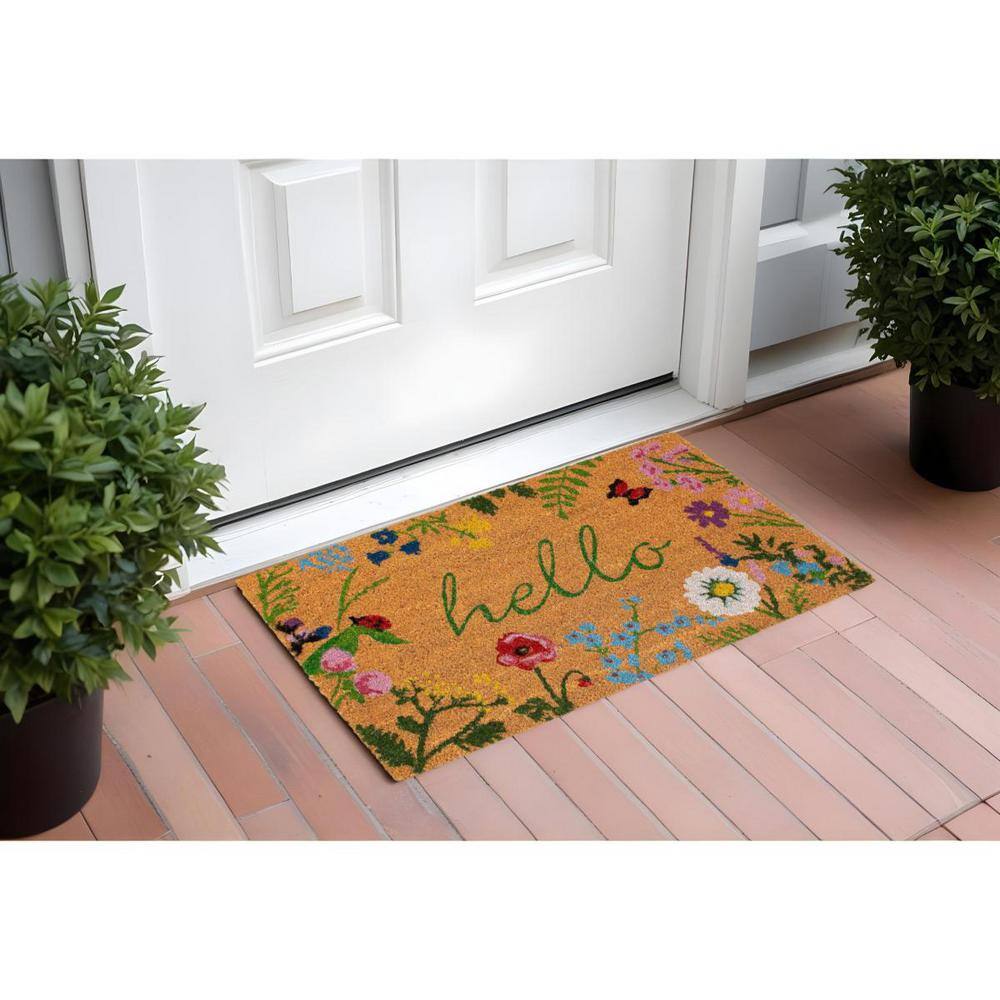 Floral Hello Coir Rectangular Outdoor Doormat, 24" x 36"
