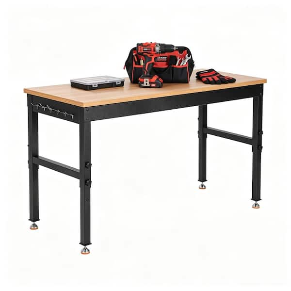 72" Wood Workbench Adjustable Height Heavy Duty 2200 LBS Capacity, Garage Work Table with Built-In Power Outlets & Hooks