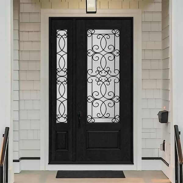 Regency 53 in. x 96 in. 3/4Lite Georgian Decorative Glass RHIS Onyx Mahogany Fiberglass Prehung Front Door with 14in.SL