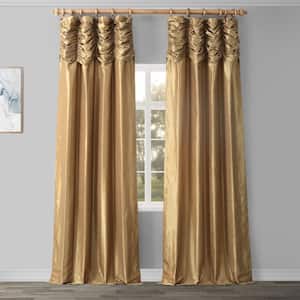 Flax Gold Ruched Vintage Textured Faux Dupioni Silk Room Darkening Curtain - 50 in. W x 84 in. L (1 Panel)