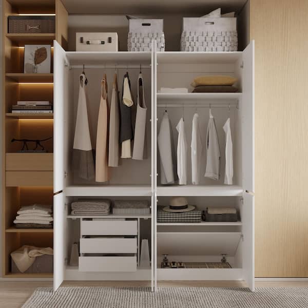 White Wood 63 in. Bedroom Armoire with Adjustable Shelves, Skin-Touch Doors, Hidden Storage Compartments