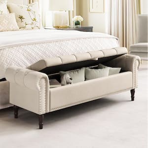 Cerella 63 in.Linen Tufted Fabric Upholstered Storage Bedroom Bench Rolled Arm Button Tufted Storage Ottoman