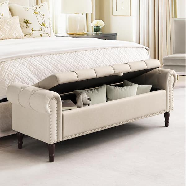 Cerella 63 in. Linen Tufted Fabric Upholstered Storage Bedroom Bench Rolled Arm Button Tufted Storage Ottoman