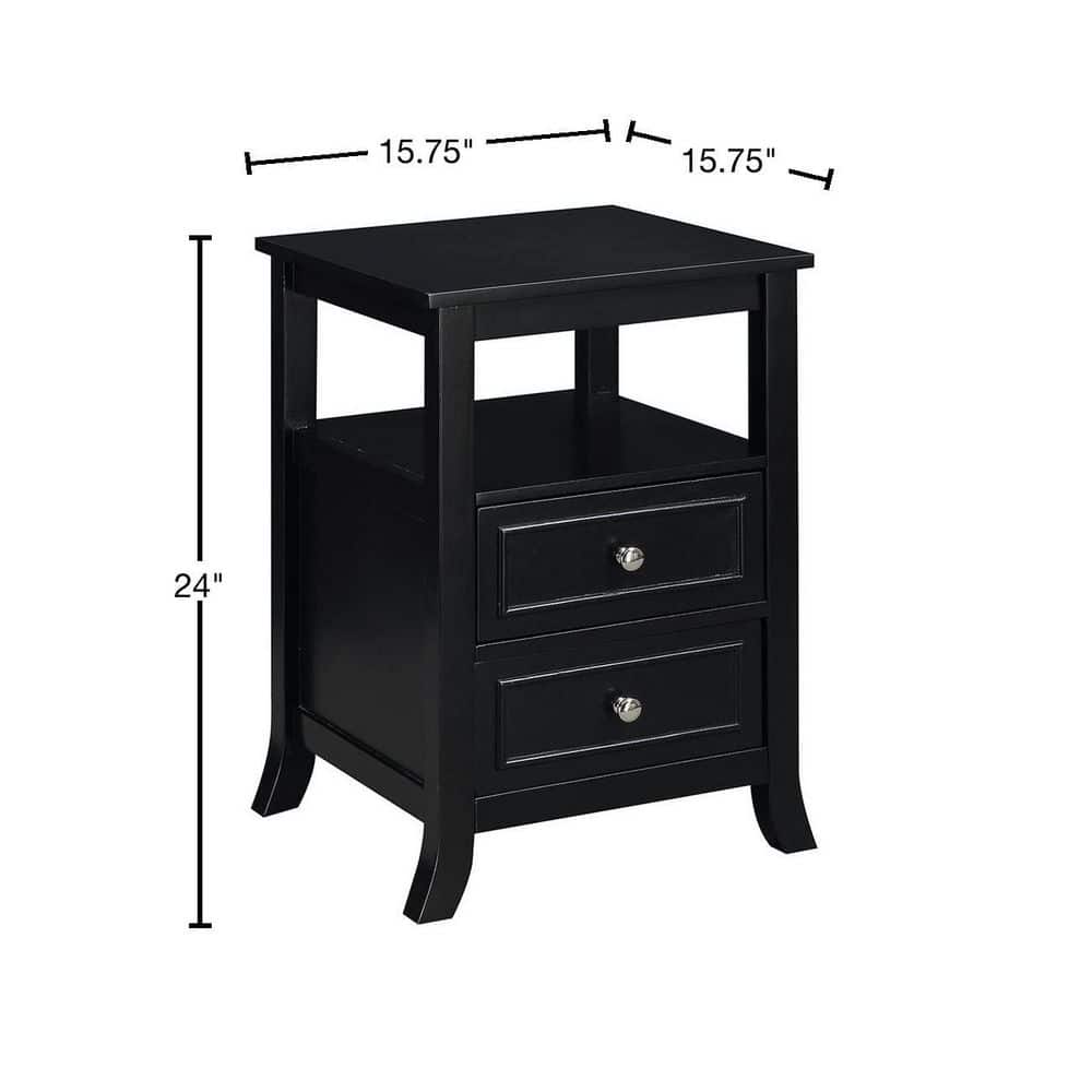 Black Wood End Table with Storage Drawers and Shelf