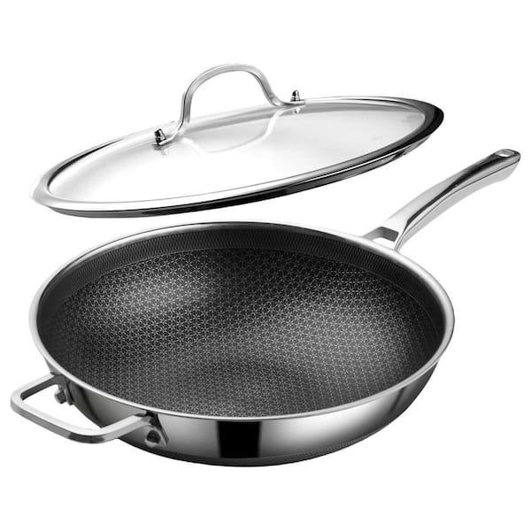 Hybrid 12 in. Wok Pan with Lid, PFOA Free Cookware, Non Stick Stainless Steel Woks Stir-Fry Pans Nonstick, Dishwasher