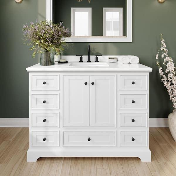 Wyndham Collection Deborah 48 in. W x 22 in. D x 35 in. H Single Bath Vanity in White with White Quartz Top and 46 in. Mirror