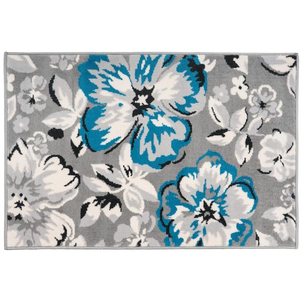 Modern Comtemporary Floral Design Blue 2 ft. x 3 ft. Indoor Area Rug
