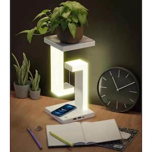 AntiGravity 10 in. White Integrated LED Table Lamp for Bedroom with Plastic shade and Wireless Charging/USB ports