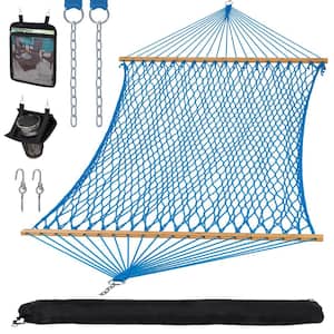 13 ft. 2-Person Portable Rope Hammock with Spreader Bar, Tree Hooks, Magazine Bag, Bottle Holder and Carrying Bag, Blue