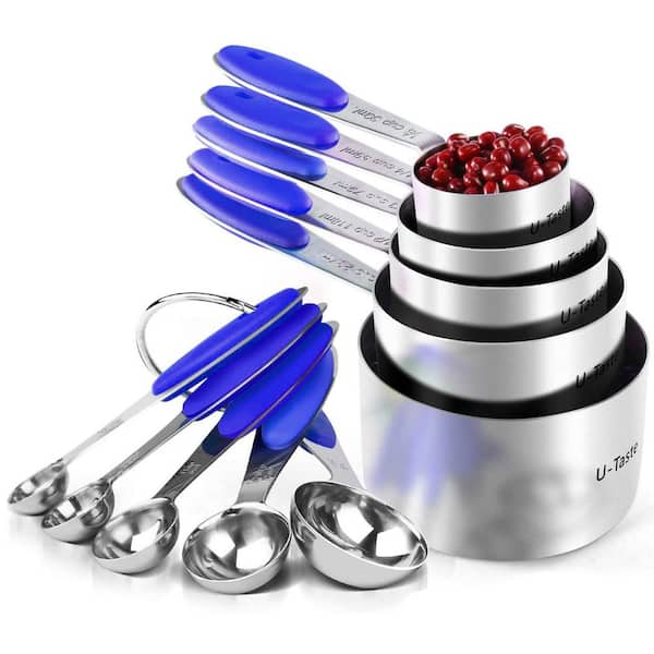 Adrinfly Upgraded 10-Piece Stainless Steel Blue Measuring Cup Set with Dishwasher Safe