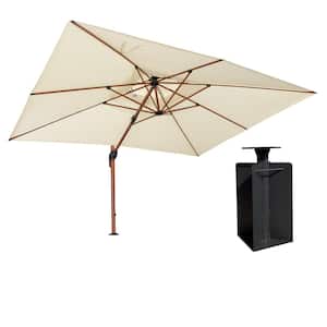 10 ft. x 13 ft. High-Quality Aluminum Wood Pattern Patio Umbrella Cantilever Umbrella with Base in Ground, Cream