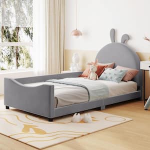 Gray Wood Frame Twin Size Velvet Upholstered Daybed with Rabbit Ears Shaped Headboard