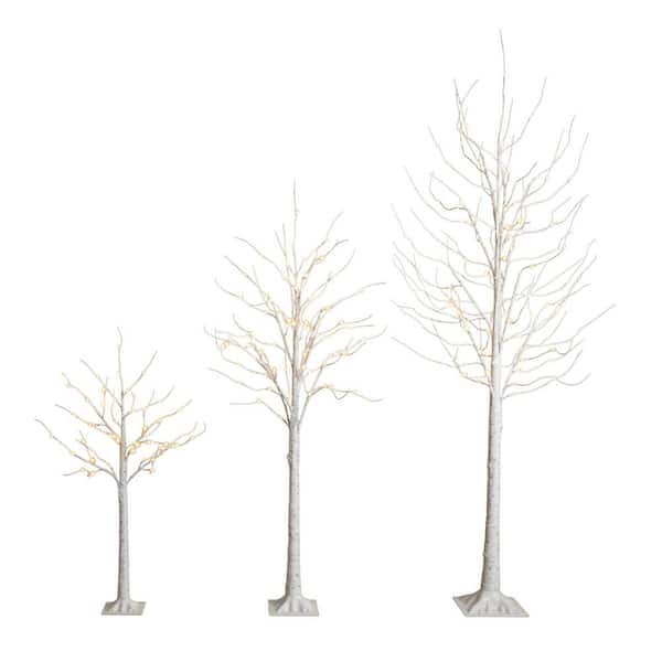 4 ft. 6 ft. 8 ft. Pre-Lit Artificial White Birch Trees with LED Lights - (Set of 3)