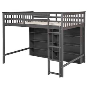 Gray Full Size Wood Loft Bed with 8 Open Storage Shelves