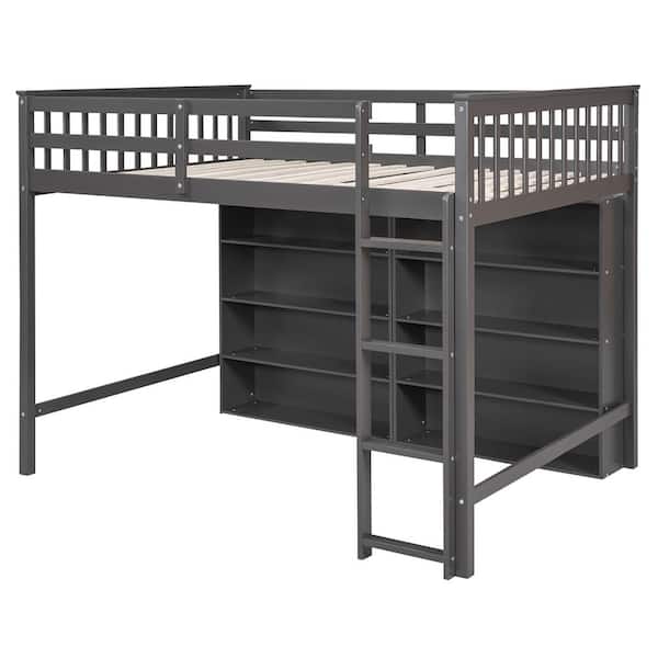 Nestfair Gray Full Size Wood Loft Bed with 8 Open Storage Shelves