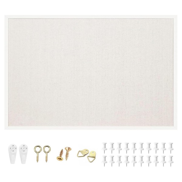 Afoxsos 24 x 36 Linen Bulletin Board White Framed Cork Board White Oak Frame Vision and Decorative Hanging Pin Board