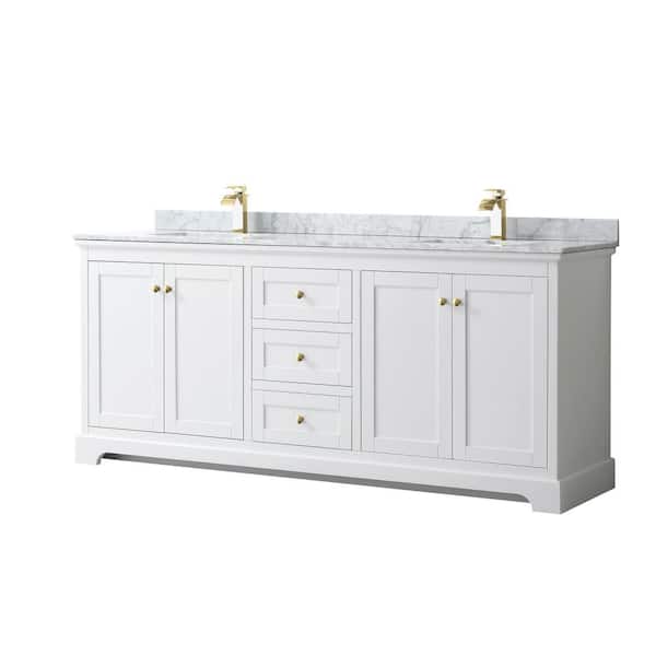 Wyndham Collection Avery 80 in. W x 22 in. D x 35 in. H Double Sink Bath Vanity in White with White Carrara Marble Top
