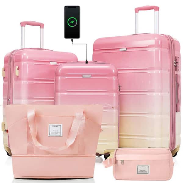 5-Piece Pink ABS+PC Hardshell Spinner 20"24"28" Luggage Set with Expandable Travel Bag, Toiletry Bag, 20"(USB Port)