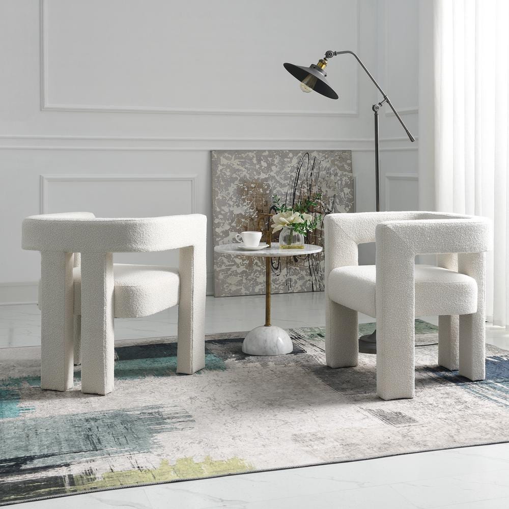 Beige Boucle Upholstered Square Arm Accent Chairs, Set of 2