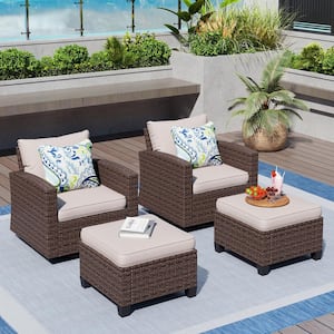 Brown Rattan Wicker 4 Seat 4-Piece Steel Outdoor Patio Conversation Set with Beige Cushions,2 Swivel Chairs,2 Ottomans