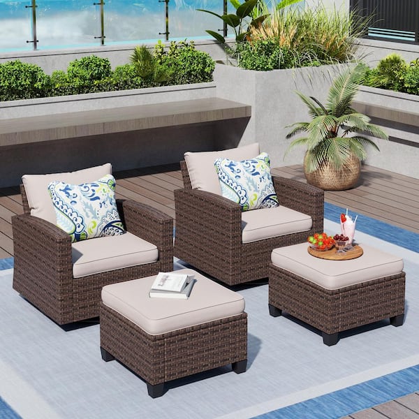 Brown Rattan Wicker 4 Seat 4-Piece Steel Outdoor Patio Conversation Set with Beige Cushions,2 Swivel Chairs,2 Ottomans