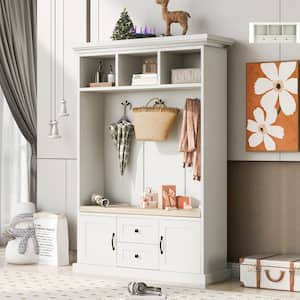 White 3-in-1 Design Hall Tree with 3 Hooks, 2 Drawers and Cushioned Storage Bench